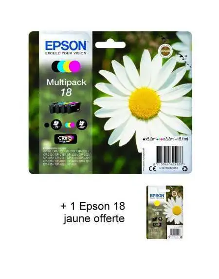 Epson 18 Noir couleur Pâquerette + 1 Epson 18 jaune offerte Pack moins cher sur Promos-cartouches